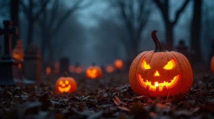 Halloween Pumpkins In A Creepy Cemetery.