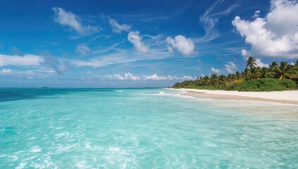 Fototapeta premium Tropical shoreline panorama featuring clear turquoise waters and rolling waves under a bright sky