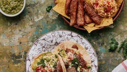 Tortilla chips and tacos filled with seasoned meat, beans, and salsa on a rustic surface
