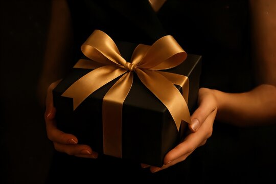 Luxury Christmas composition with female hands holding elegant black gift box tied with gold ribbon, festive dark background.