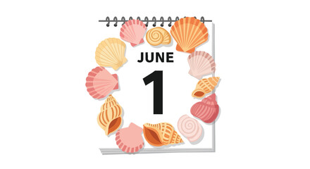 June 1st calendar page adorned with charming seashells marking the summer season onset