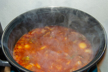 Preparing a hash with onions and stew beef.