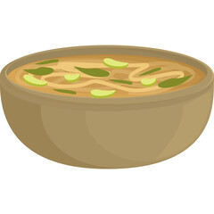 Cartoon Style Bowl Of Noodle Soup With Sliced Green Vegetables And A Light Broth On A Transparent Background
