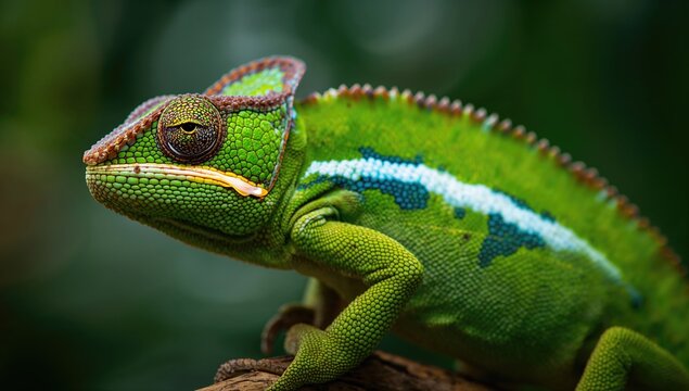Portrait of a green veiled chameleon in its natural tropical habitat