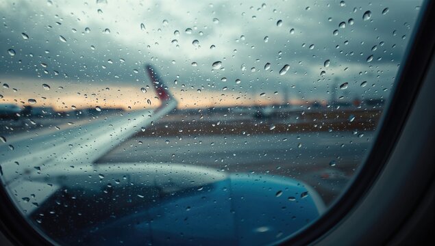 Water droplets on plane window during departure in wet weather - Powered by Adobe