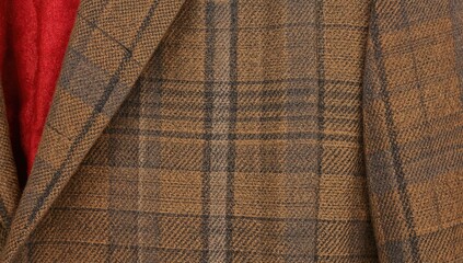 Classic wool blazer with checkered design and red linen lining, featuring a close-up of a welt pocket in traditional men's style.