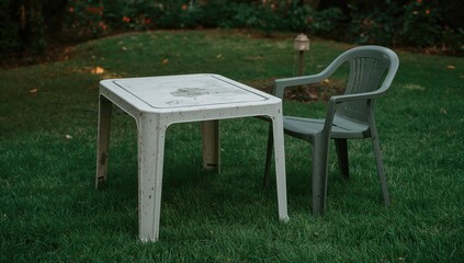 Chair and Table Made of Plastic Set on Lawn