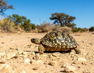 A close-up shot of a tortoise crawling on a dirt road under a clear blue sky