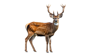 A poised deer with patterned fur and antlers stands on a black background, gazing forward