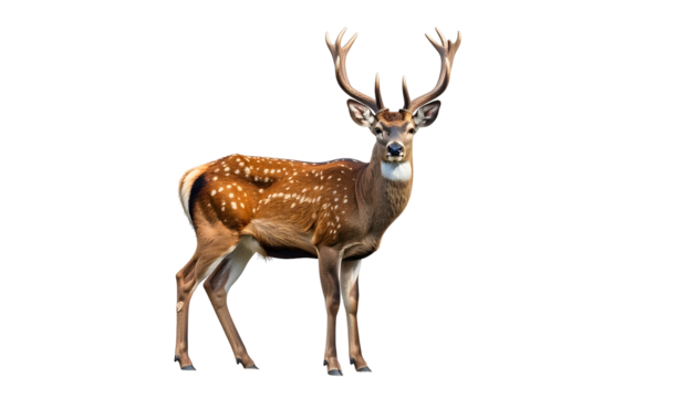 A poised deer with patterned fur and antlers stands on a black background, gazing forward