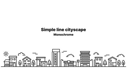 太いラインの街並みイラスト （白背景・ワイドサイズ）