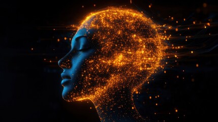 Digital head, glowing particles, profile view