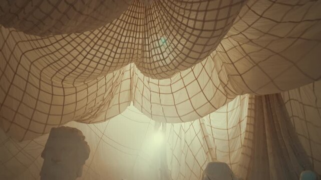 Interior design of photo studio with balance of air and sun, seashore atmosphere . Symbolic clouds and fishnets above white statues, traveling to greece, romantic and carefree mood of seacoast