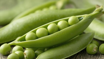 Close-up of flawless green peas inside their pods. Culinary backdrop.