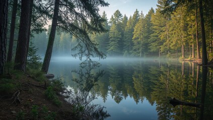 A serene scene of pine forests mirrored in a tranquil water body