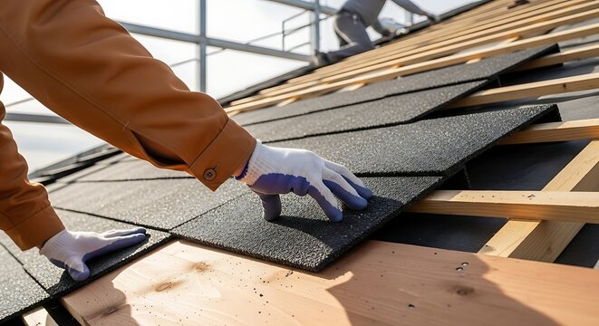 Construction worker installing asphalt shingles on a residential roof during daytime.