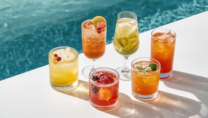 Fototapeta premium Assortment of vibrant mixed drinks against a white backdrop