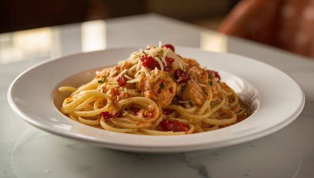 Close-up of creamy chicken pasta featuring sun-dried tomatoes, cheese, herbs, and a fragrant sauce served on a marble surface.