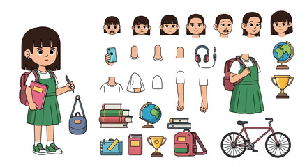 Cute Cartoon School Girl Character Builder Set with Customizable Expressions and School Supplies for Educational Projects and Animated Stories