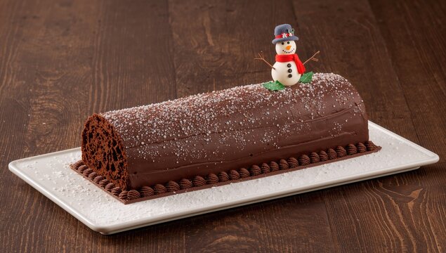 A festive chocolate log cake decorated with a marzipan snowman and holiday ornament on a rustic wooden surface