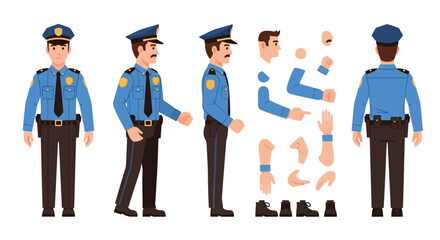 Police officer character creation set with various views, poses, and separate body parts for animation