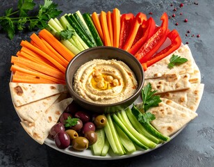 Colorful platter with fresh vegetables, pita bread, olives, and creamy dip