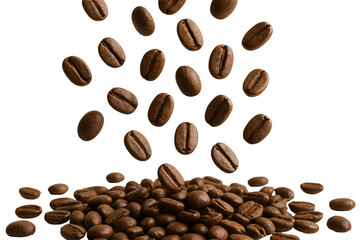 Obraz premium Falling coffee beans on a white background. Aromatic morning.