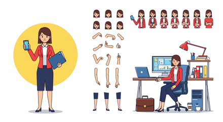 Businesswoman character creation kit with a set of diverse emotions, poses, and an office workplace scene