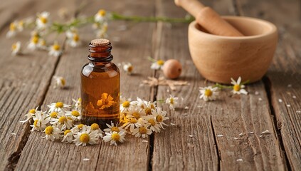 Essential oil bottle with chamomile blooms and a mortar and pestle on a rustic wooden surface. Text area included.