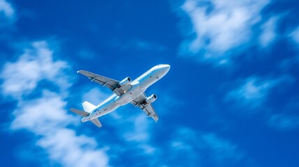 Obraz premium An airplane gracefully flies through a vivid blue sky dotted with white, fluffy clouds. The scene captures the beauty of flight against a backdrop of sunny tranquility, evoking a sense of freedom