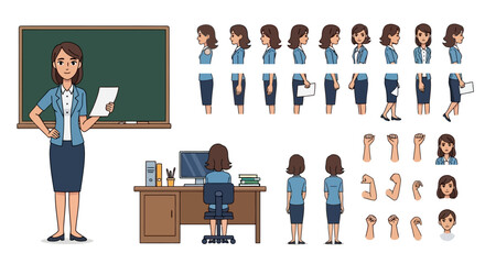 Young female teacher or office worker character creation set with different poses, gestures, and views for animation