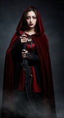 Ethereal young woman as Dark Reaper in red hooded cloak, intricate scythe, black lace dress, dramatic smoky gothic vibe, Halloween style