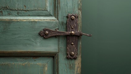 Old Wooden Door with Antique Lock on Green Background