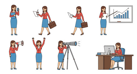 Illustrations of a young business woman, symbolizing career moves and corporate success in various professional scenarios