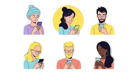 Diverse Group Texting Illustrated Avatars on Smartphones