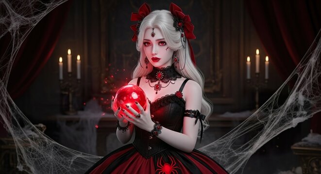 Striking gothic portrait of platinum blonde woman holding glowing red crystal ball, black and red corset dress, intricate jewels, candles, cobwebs, enchanting mysterious fantasy, dramatic lighting
