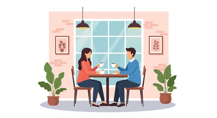 Couple Enjoying Coffee Together in a Café Setting with Plants