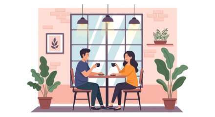 Romantic coffee date illustration Couple enjoying a cozy café scene, sharing a quiet moment over coffee
