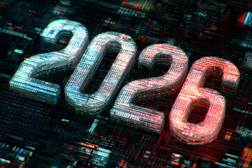 holographic 2026 digits floating above a glowing data grid in a sleek futuristic and luminous digital style