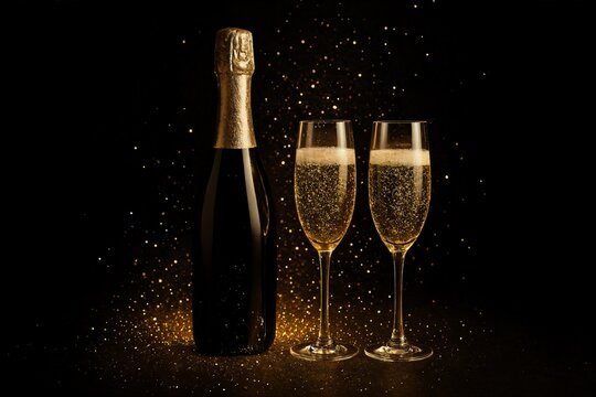 Festive still life with champagne bottle and two glasses on black background, golden sparkles and elegant celebration atmosphere.