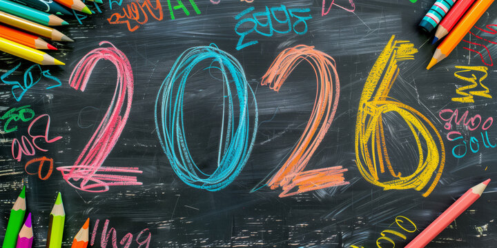 2026 colorful chalk drawing on blackboard - Powered by Adobe