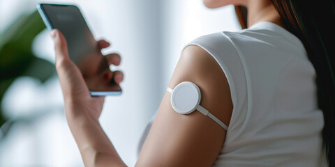 Obraz premium woman using glucose monitoring sensor and smartphone app