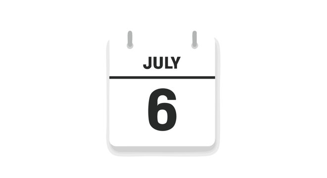 Calendar illustration with July 6th highlighted for important dates and events planning with reminder notifications isolated in vector format