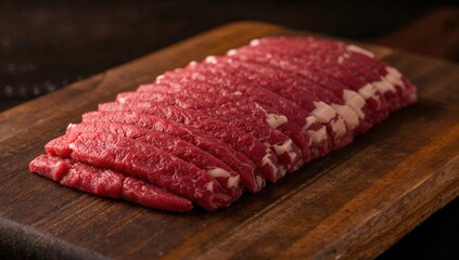 Close-up of fresh raw beef on a wooden cutting board with a dark backdrop