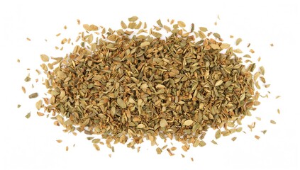Top view of dried oregano leaves heap on white background, isolated