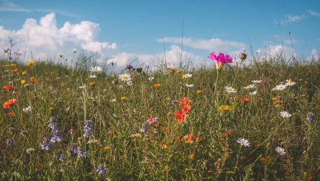Wildflowers blooming in a lush green meadow during spring and summer