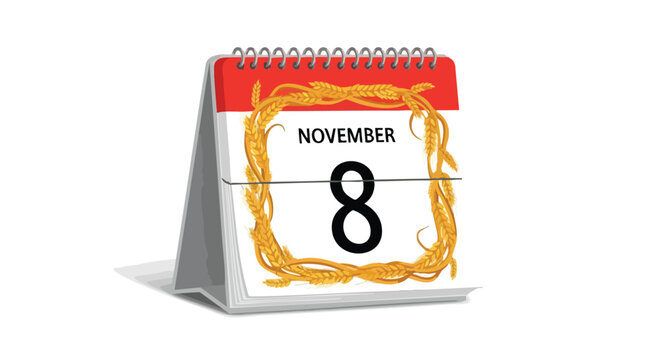 November 8th desk calendar illustration decorated with stylized wheat wreath design for agricultural or autumnal thematic emphasis