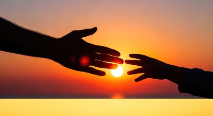 Silhouette of an adult's hand reaching towards a child's hand against a vibrant sunset over the ocean.