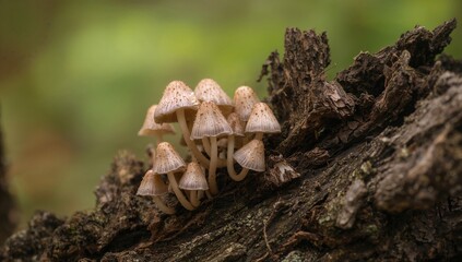 Close-up of tiny fungi clustered by a weathered tree base in nature