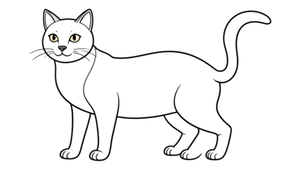 A simple cartoon illustration of a white cat with yellow eyes on a black background, standing in profile